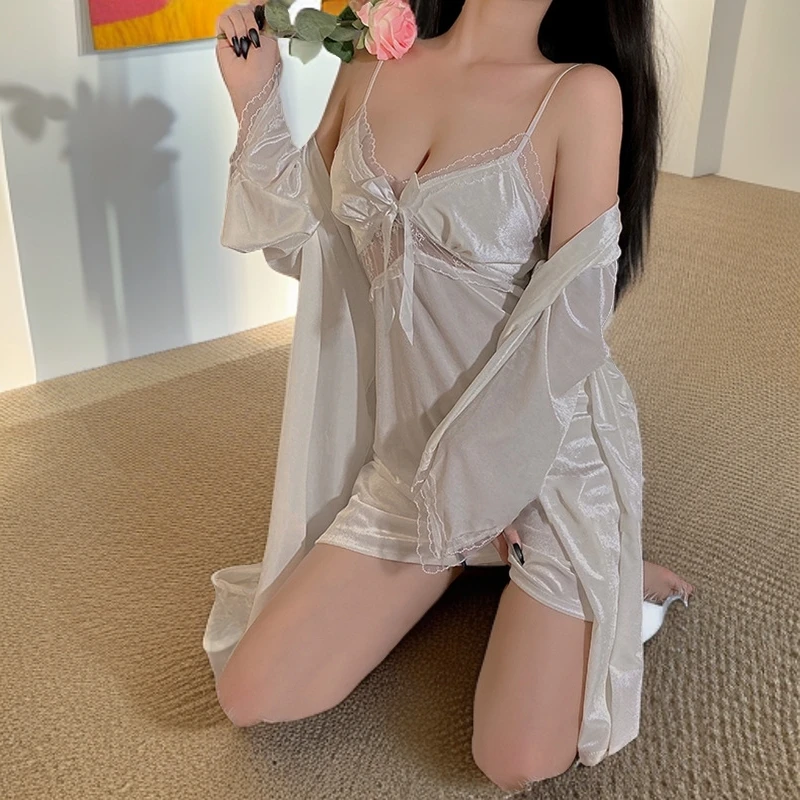 碎花性感女睡裙纯欲风薄款夏季冰丝绸蕾丝约会睡裙长袖春夏吊带