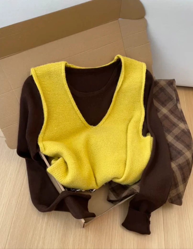 韩系V领穿搭针织背心女秋季新款长袖打底衫叠穿两件套小众百搭ins