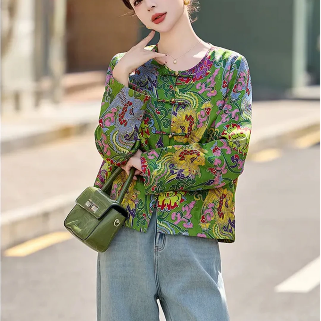 2025春季新款新中式民族风长袖人丝轻奢绿色盘扣外套女