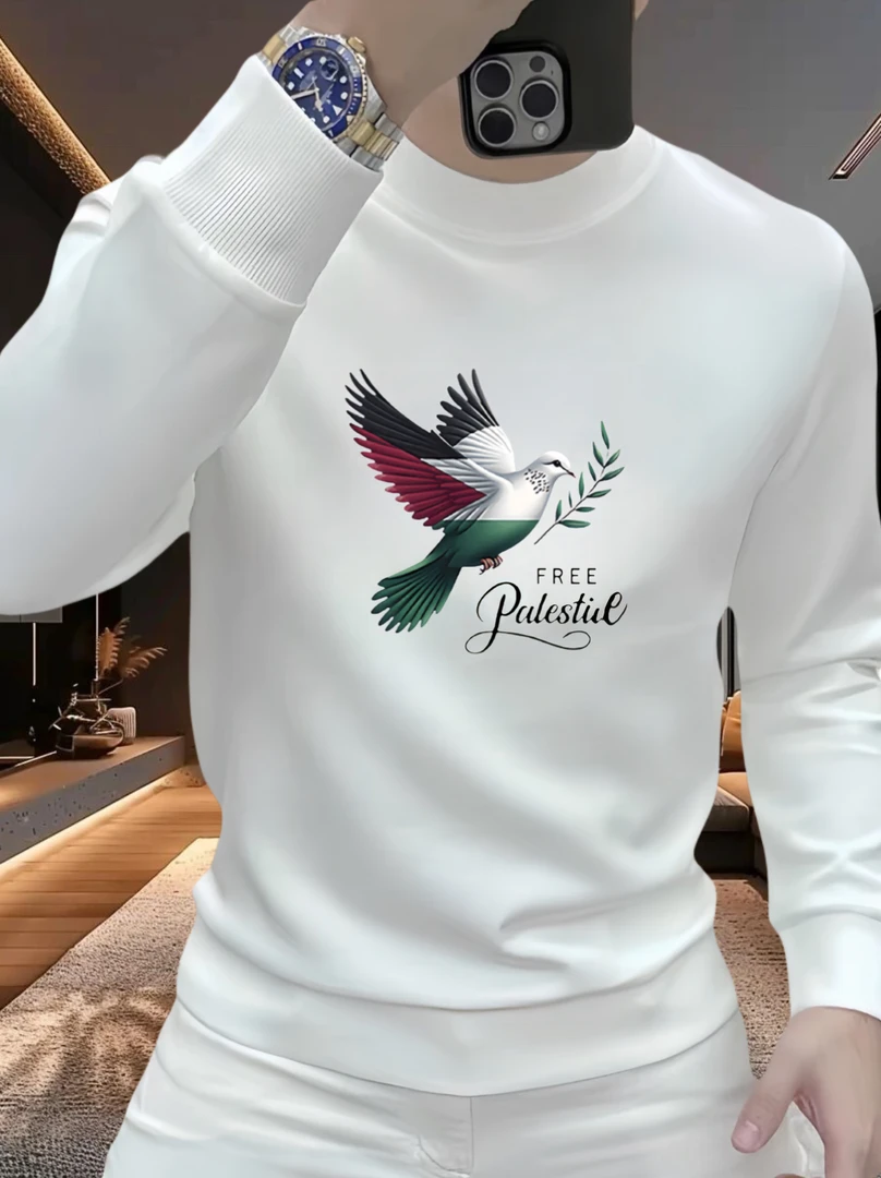 2025秋冬新款鸽子印花韩版圆领卫衣男士潮牌潮流高级痞帅长袖卫衣