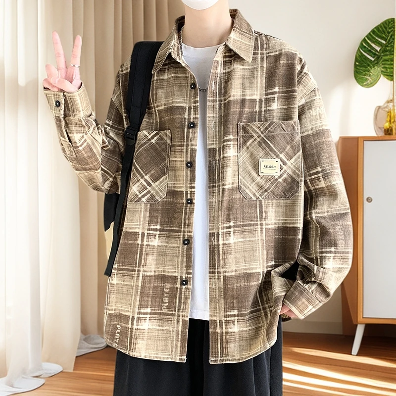 男士长袖衬衫格子休闲上衣春秋季外套青少年学生宽松港风打底衣服