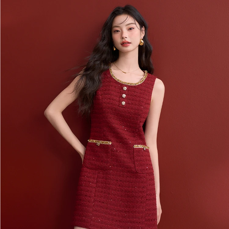 【新年穿搭】绵羊毛复古撞色小香风背心裙女2025春季连衣裙