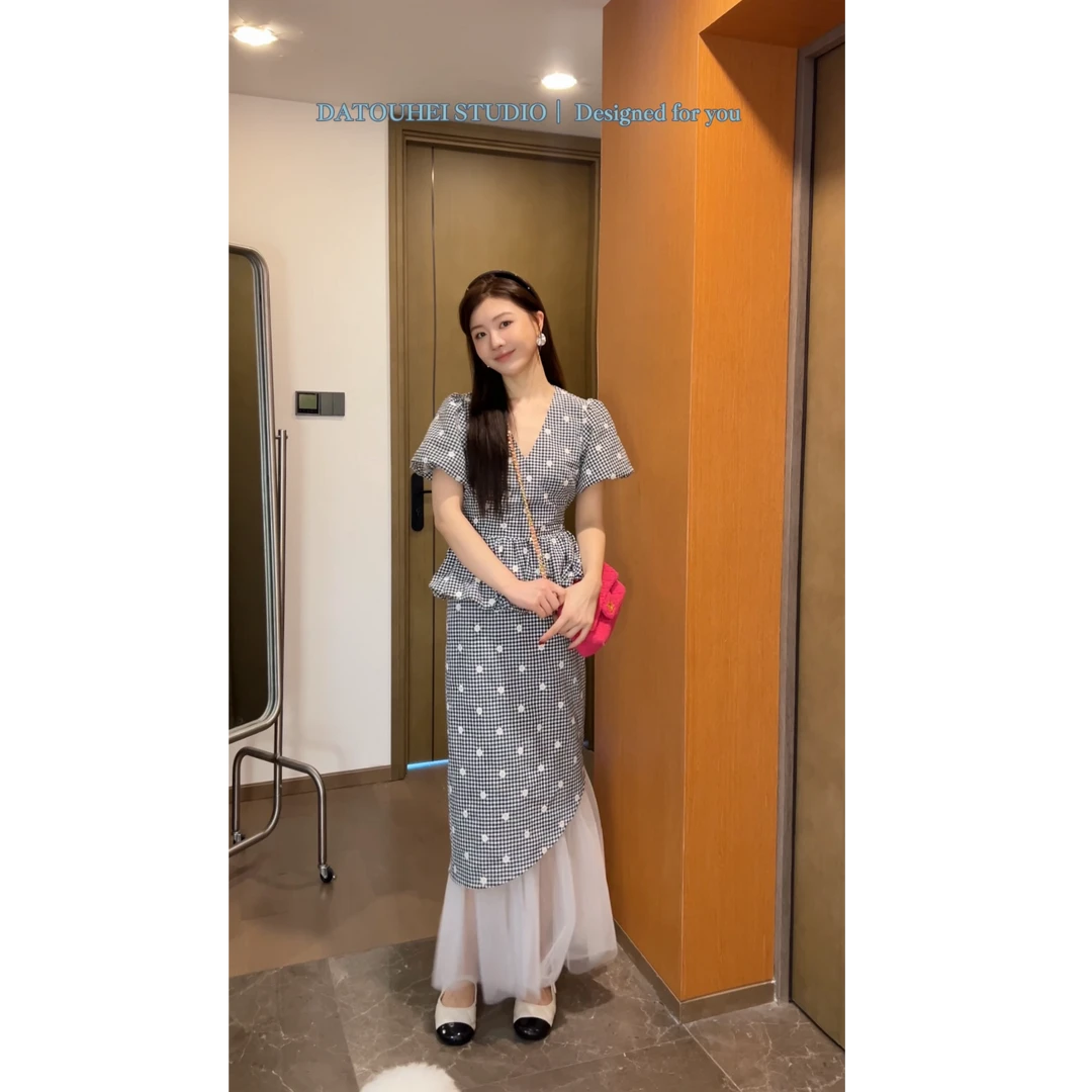 大头黑STUDIO【衣见倾心】2025女夏格子上衣半裙套装D225A07778