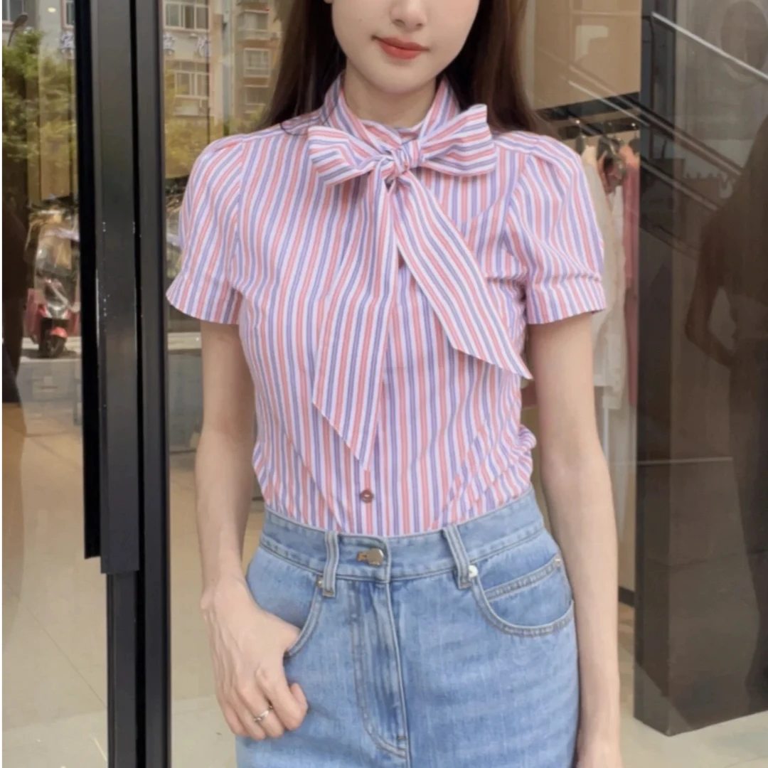 【AMSSGIRD】夏季新款时尚气质百搭花苞袖条纹短袖衬衫女530024