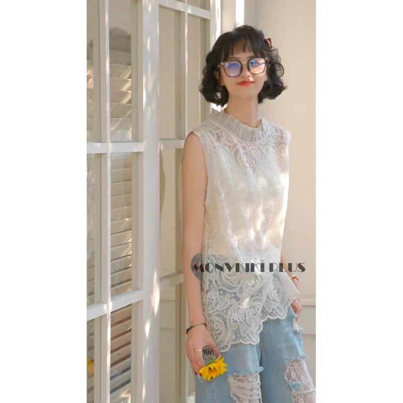 MoNvKiKiPlus2“西海情歌“100%棉新中式纯欲蕾丝无袖外穿上衣#963