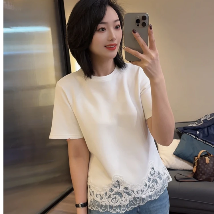 夏季穿搭欧货设计感蕾丝拼接洋气短袖T恤女显瘦镂空减龄上衣5201