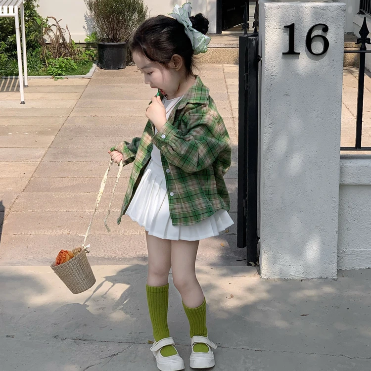 壹妈韩系童装女童秋装新款女宝宝时髦森系格子外套百褶半裙两件套