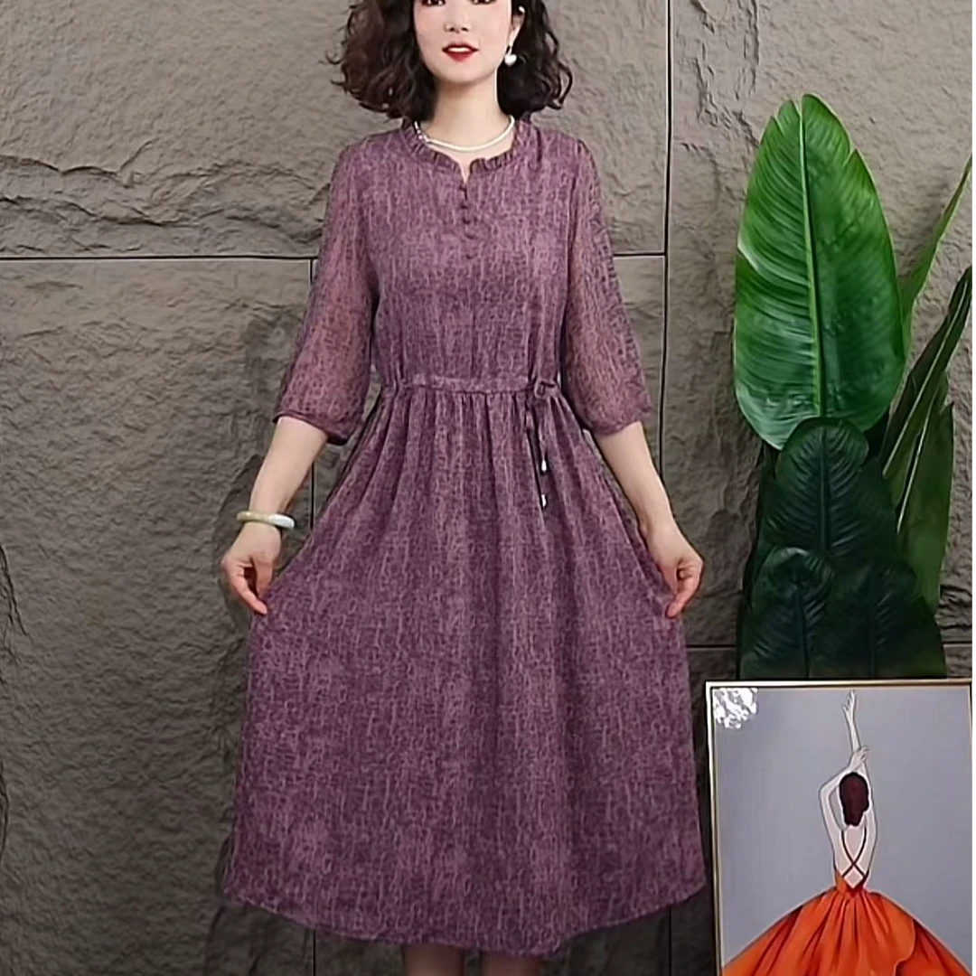 705-1新款夏季时尚气质显瘦女宽松连衣裙中长款收腰中袖妈妈裙子