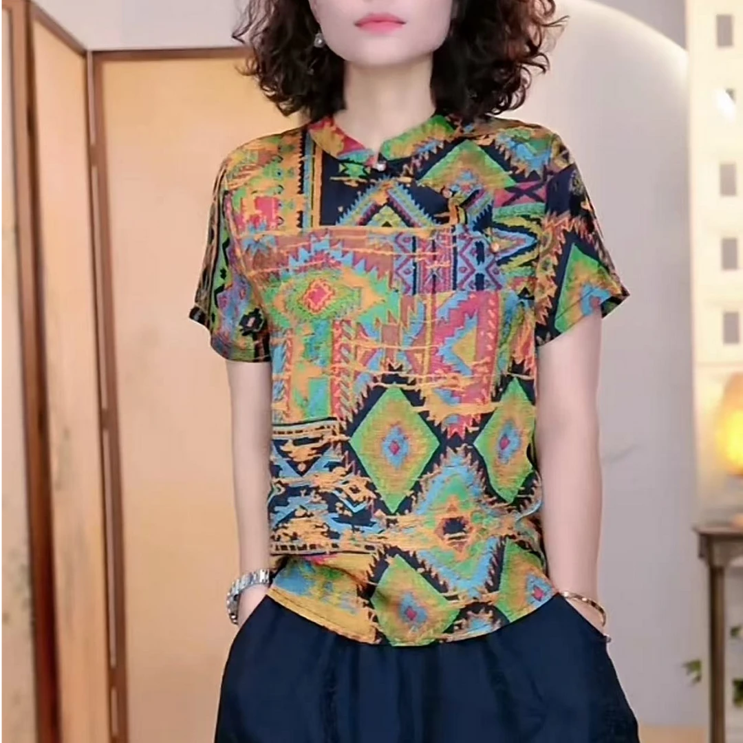 【民族风】花花绿绿斜襟立领印花复古版小衫