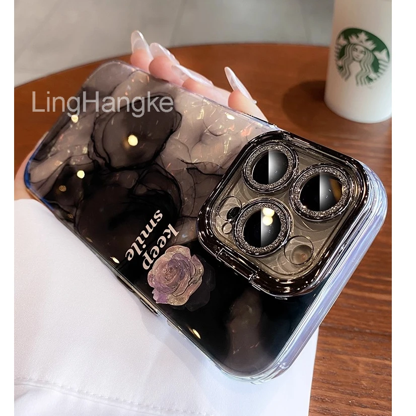 高颜值ins风晕染立体山茶花适用苹果16ProMax手机壳镜头膜支架15