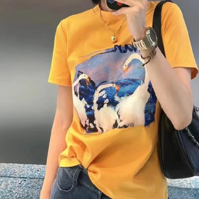 商场同款2024夏装新款休闲百搭纯棉天鹅印花短袖纯棉T恤女5300825