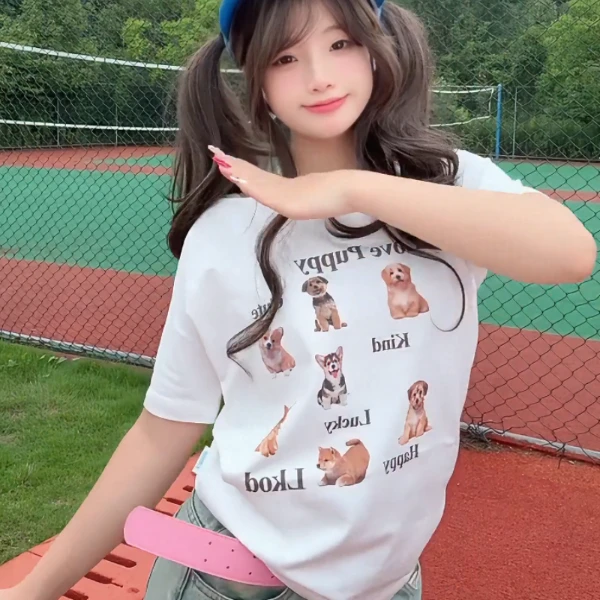 韩国ins小众减龄狗狗卡通狗狗印花休闲宽松显瘦舒适斜肩短袖T恤女