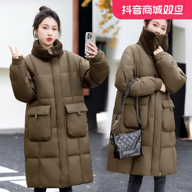 中长款羽绒棉服女冬2024新款加厚百搭拼接领棉袄品牌洋气时尚外套