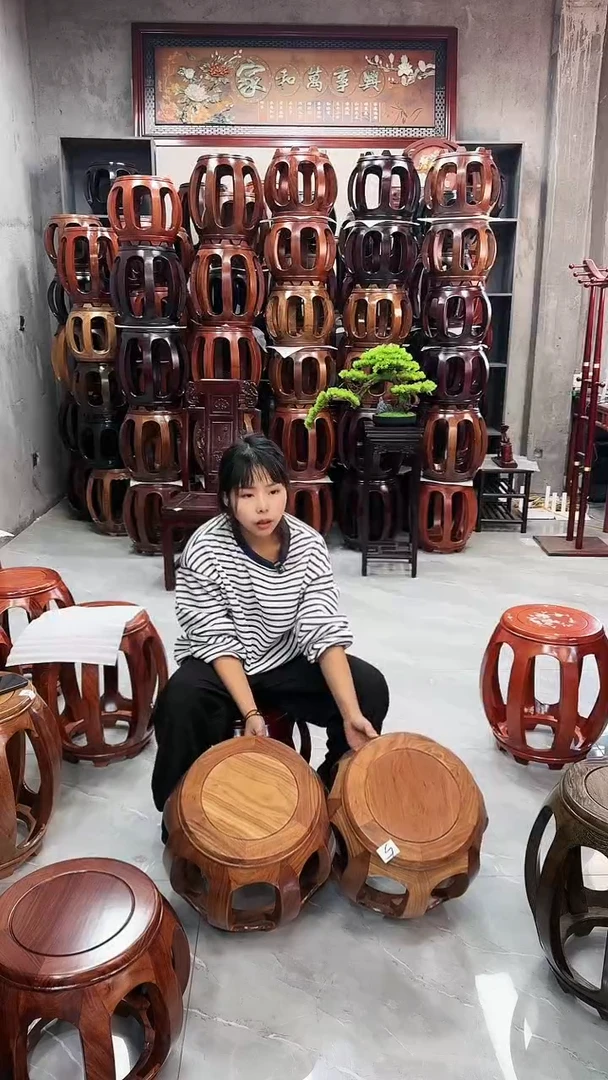 【闪购商品】花梨木类家具微瑕花梨木原木色小号鼓凳一对5号