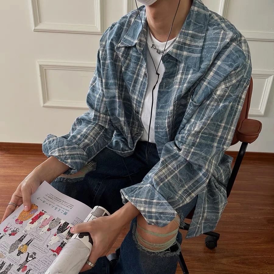 复古美式cleanfit格子衬衫中性风宽松高级感古着vintage情侣衬衫