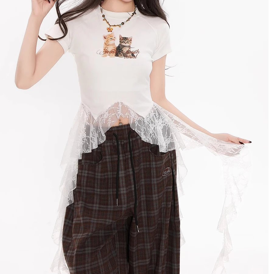 夏季新款拼接蕾丝边飘带t恤印花猫咪图案T恤女修身百搭短袖上衣