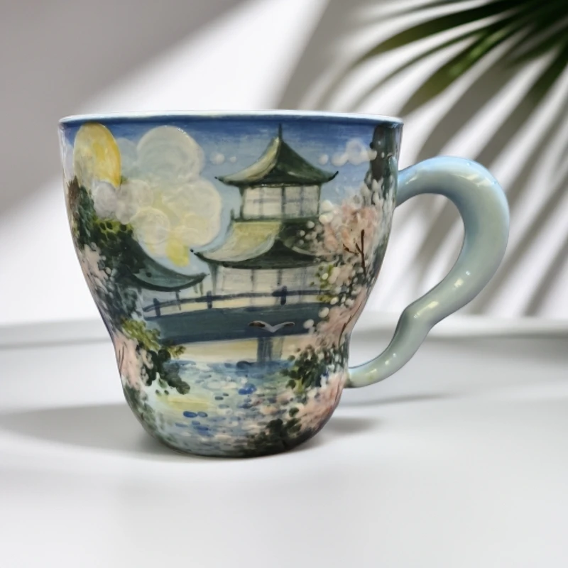 石一设计师款水调歌头马克杯高白泥手工手绘茶水杯咖啡杯250ml