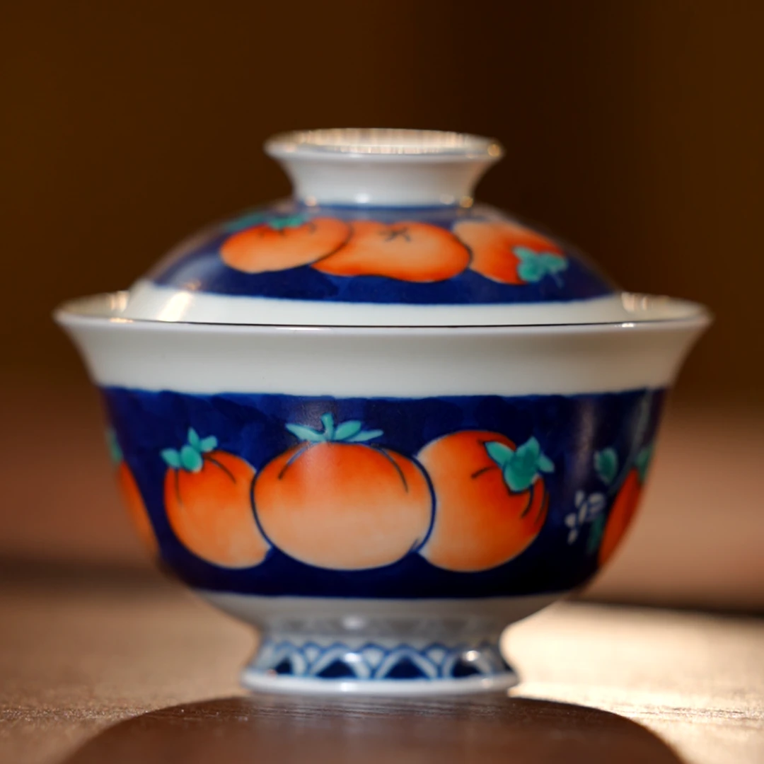 雨溪山房-柿柿青蓝盖碗