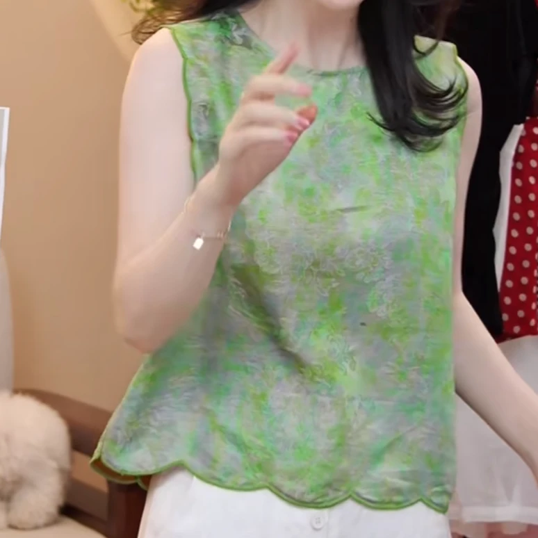 新中式显瘦暗纹提花波浪花边马甲女2025年夏款无袖时尚上衣休闲