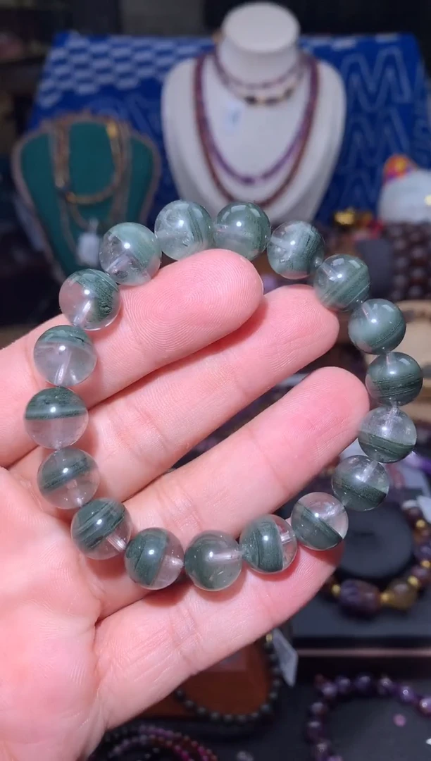 未镶嵌珠宝半成品水晶?****?绿幽灵半盆圆珠手串
