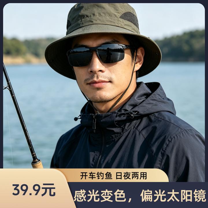 2026年感光变色钓鱼开车太阳镜 黑框高清偏光墨镜 开车钓鱼