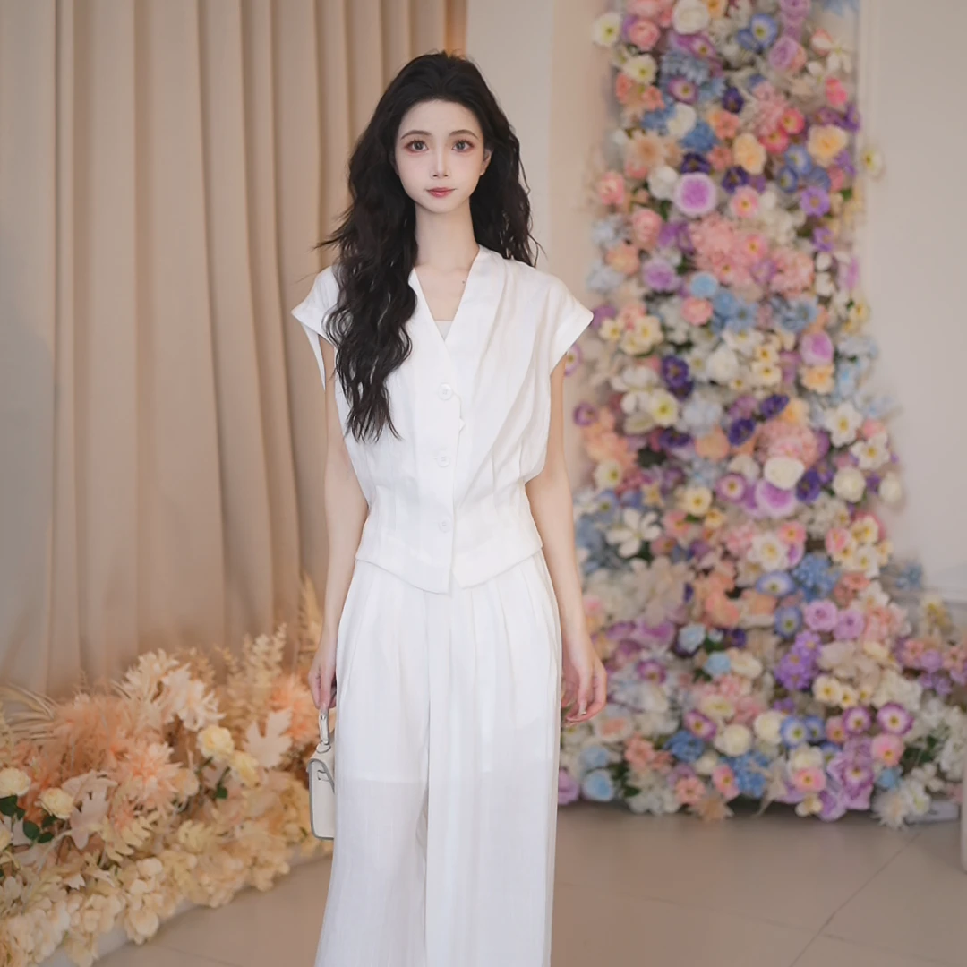 Basic House/百家好TS夏季时尚法式显瘦百搭阔腿裤两件套装DX708