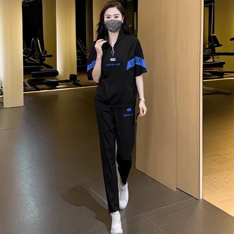 夏季新款休闲运动套装薄款时尚显瘦大码卫衣修身长裤印花套装潮流