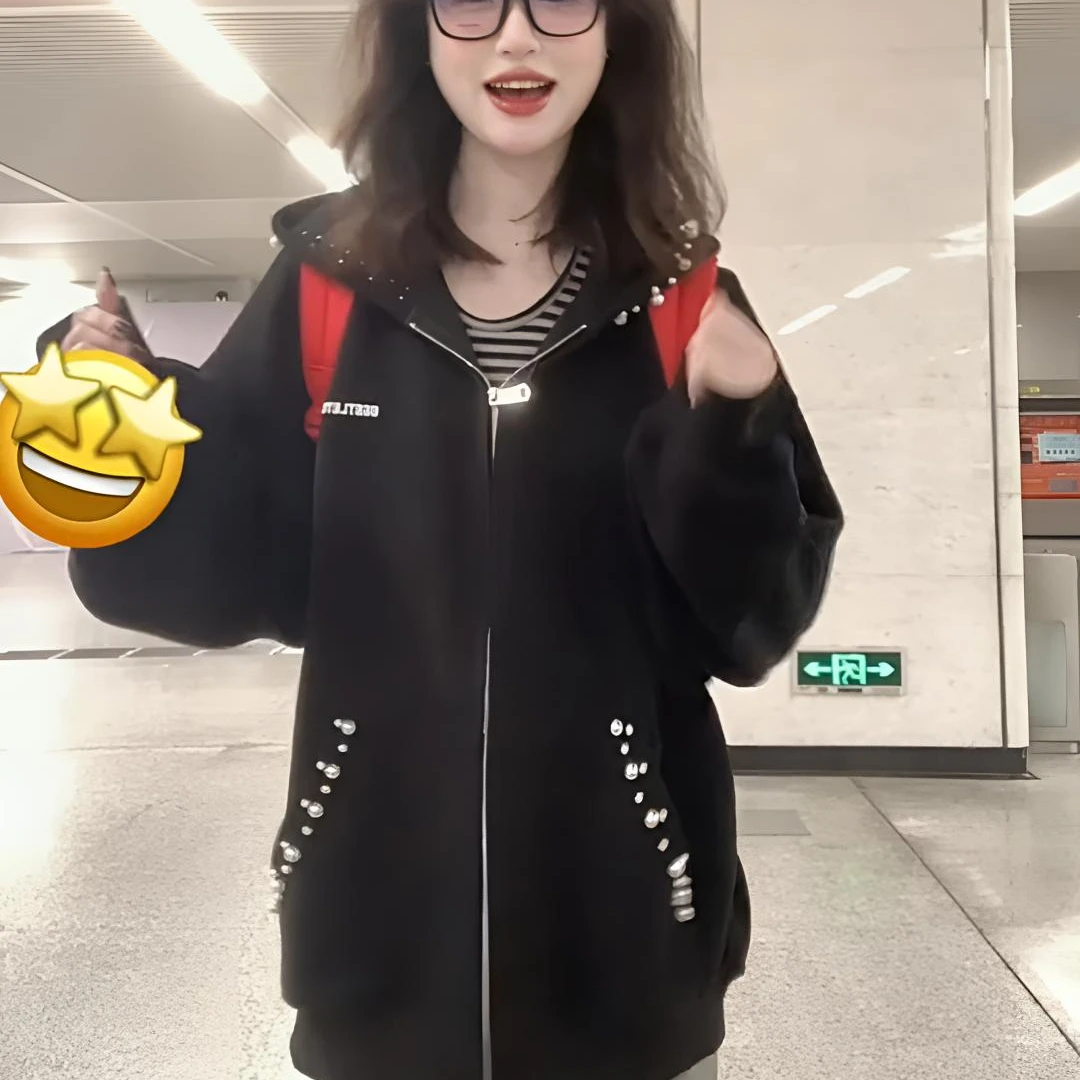 国潮牌美式复古珍珠字母刺绣卫衣女春秋薄款宽松开衫连帽情侣外套