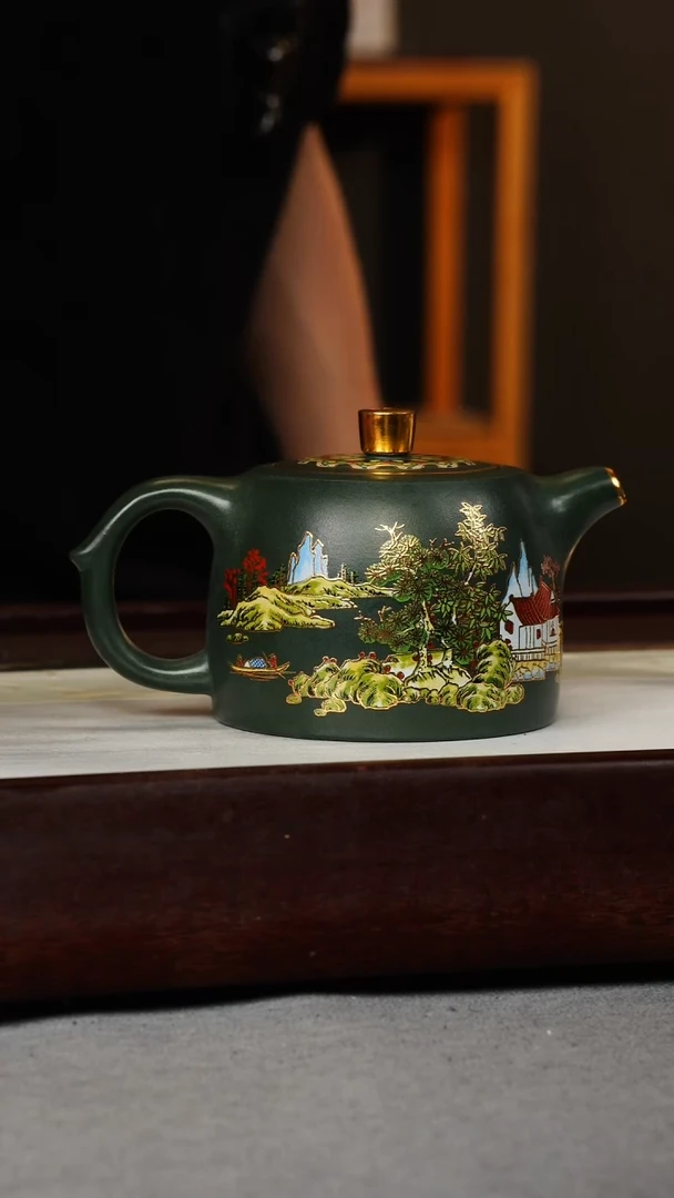 【闪购商品】紫砂茶壶苏门答腊青 井栏 山房珐琅彩