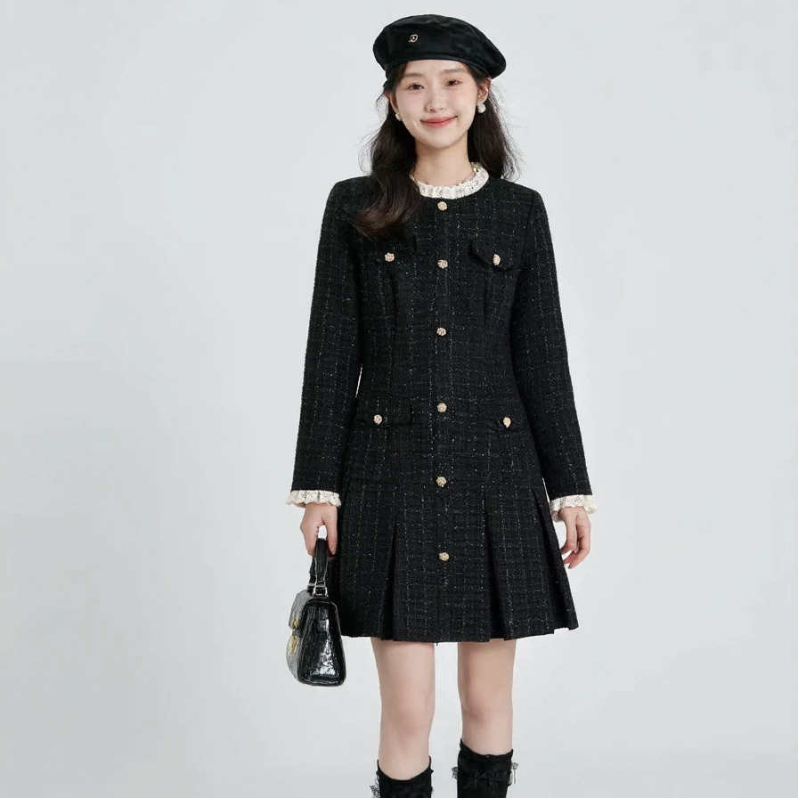 奢姿【黎明之约】大码女装2025冬季小香风蕾丝连衣裙气质减龄裙子