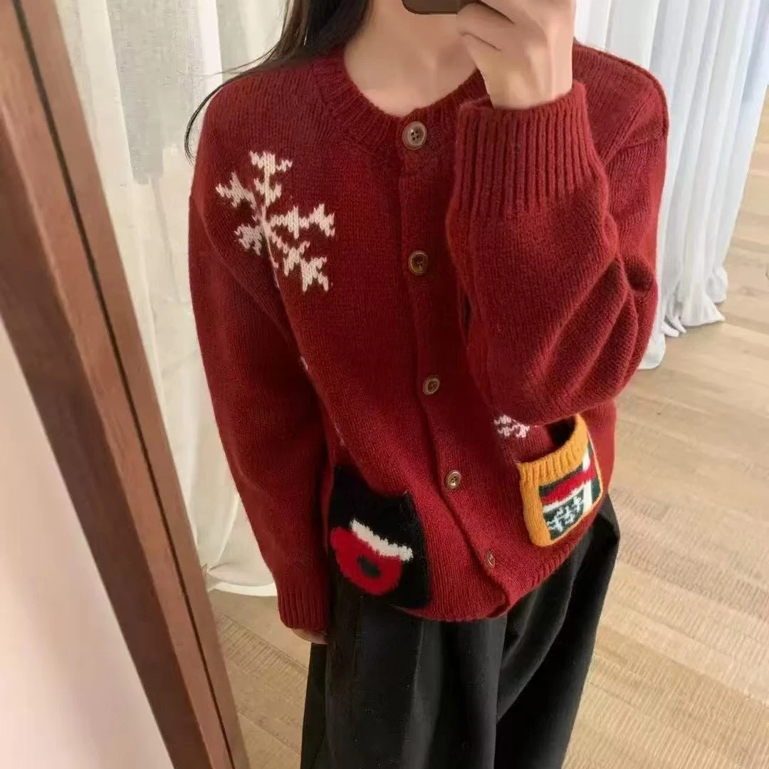 圣诞新年高货2014年秋冬新款韩版立体雪花设计时尚慵懒风套头开衫