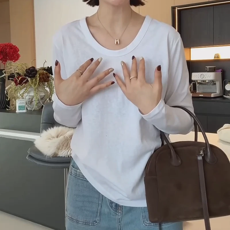 春秋基础款白色U领宽松百搭正肩长袖T恤内搭单穿打底衫LK2501398
