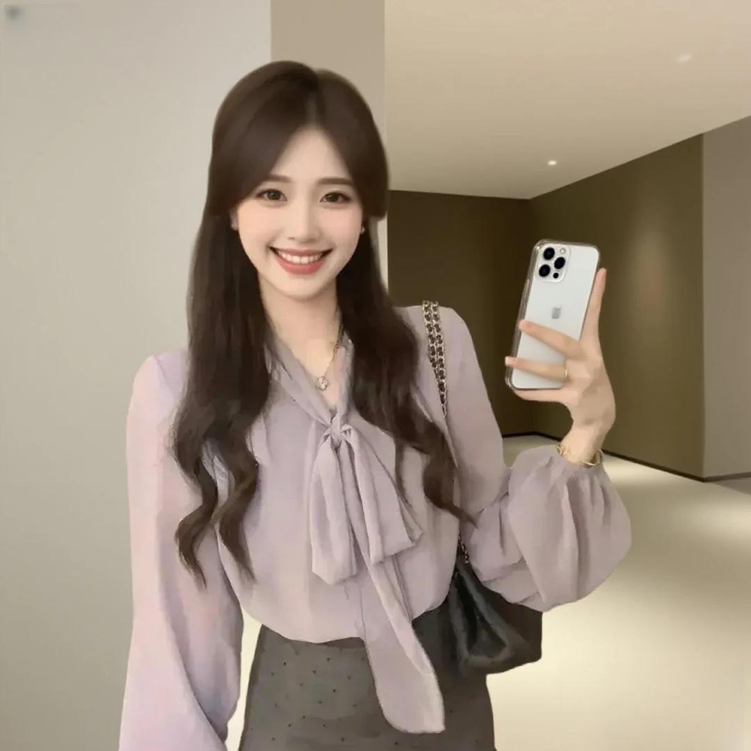 蝴蝶结绑带灯笼长袖衬衫女2025早秋新款遮肉显瘦气质紫色衬衣上衣