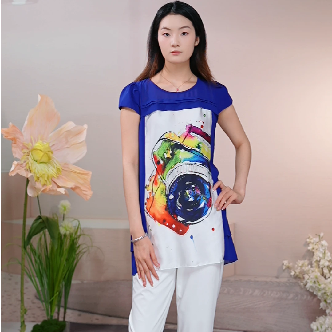 Shengyuzhu/声雨竹短袖圆领常规中腰夏季蓝色印花大码上衣时尚