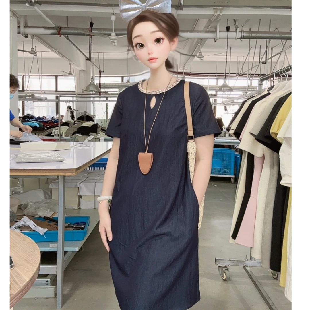 【HUIYING】法式显瘦时尚夏季宽松中长款短袖韩版圆领女士连衣裙