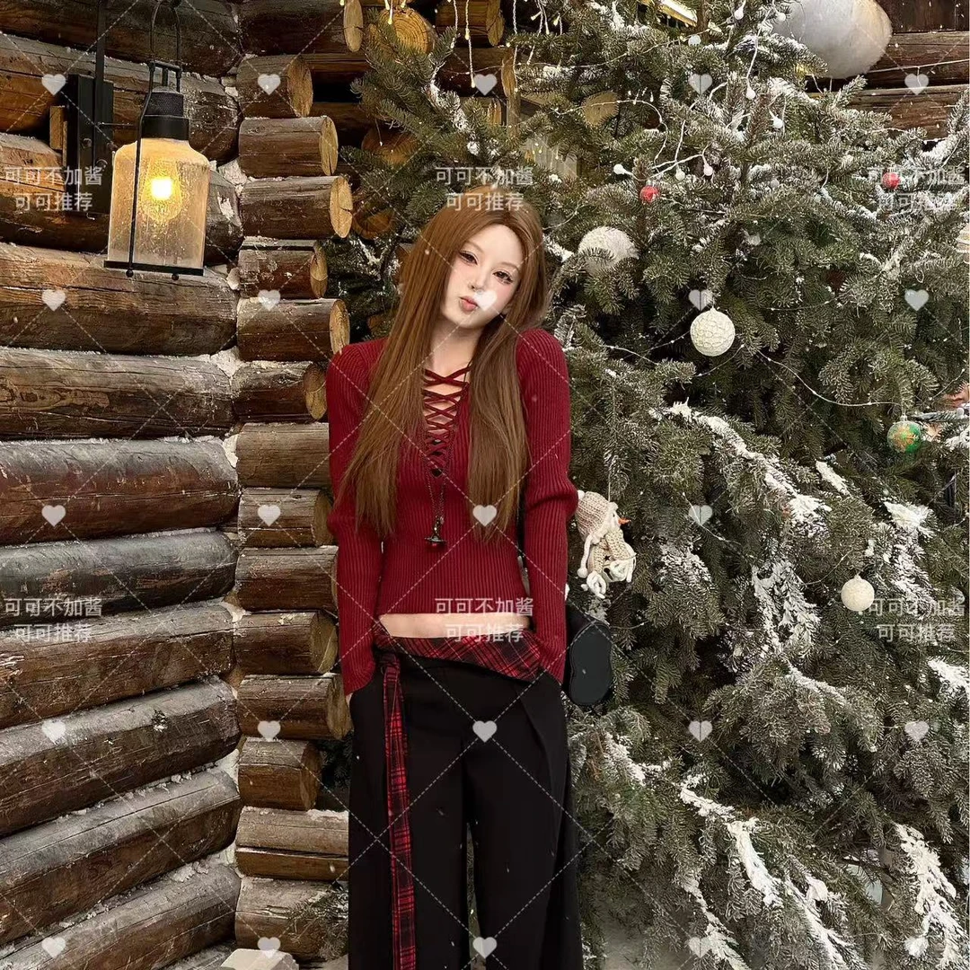 【艺艺推荐】【酒红纯欲】冬季新款纯欲风镂空显瘦针织打底S529
