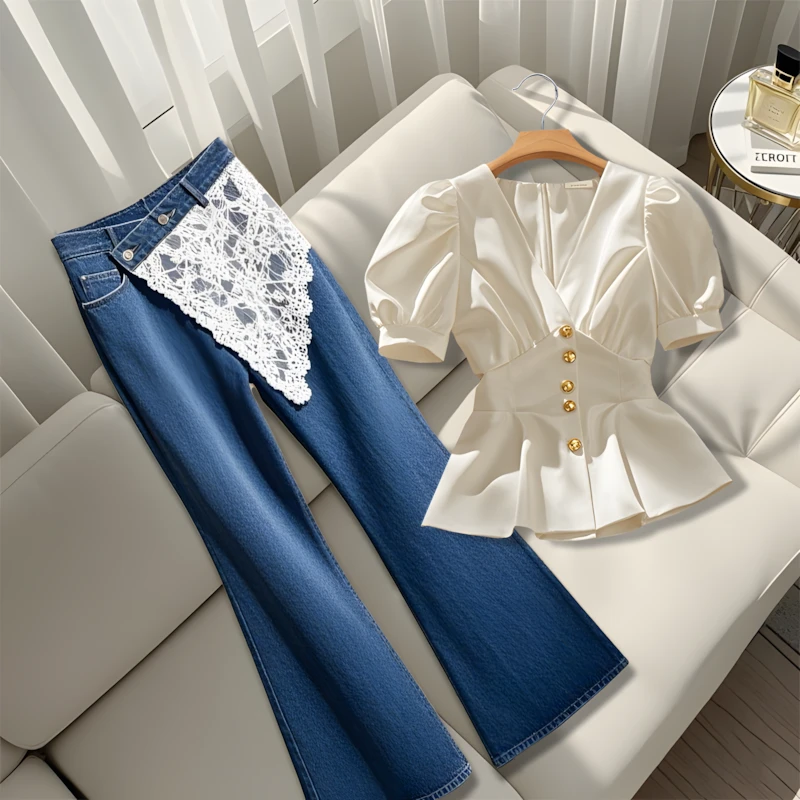 女装夏装套装2025新款爆款欧若风短袖上衣百搭蕾丝拼接牛仔裤套装