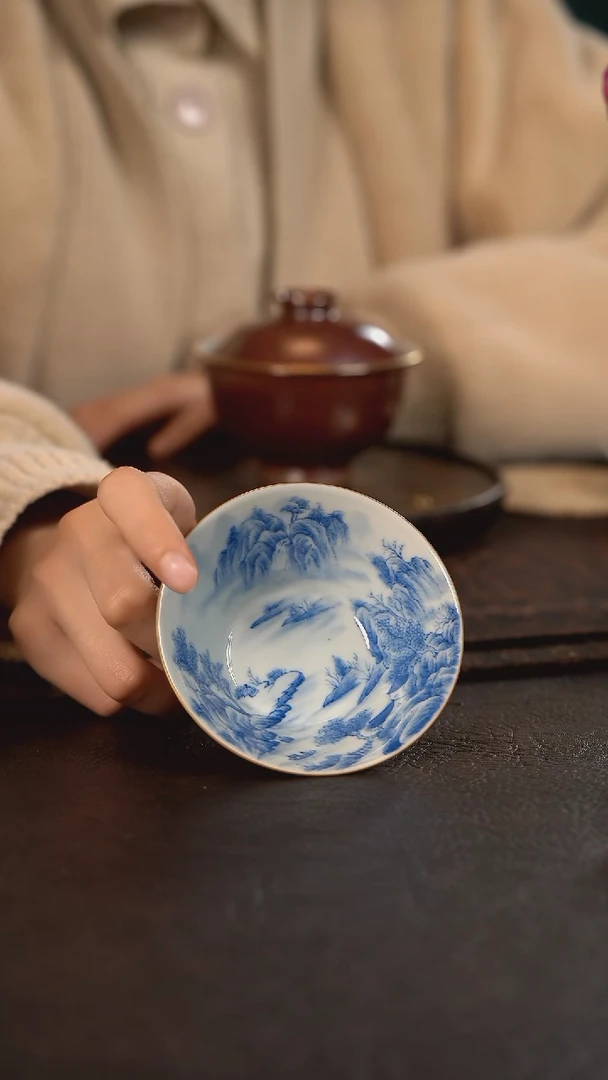 【闪购商品】杯聚澜堂红金花山水宽口斗笠杯