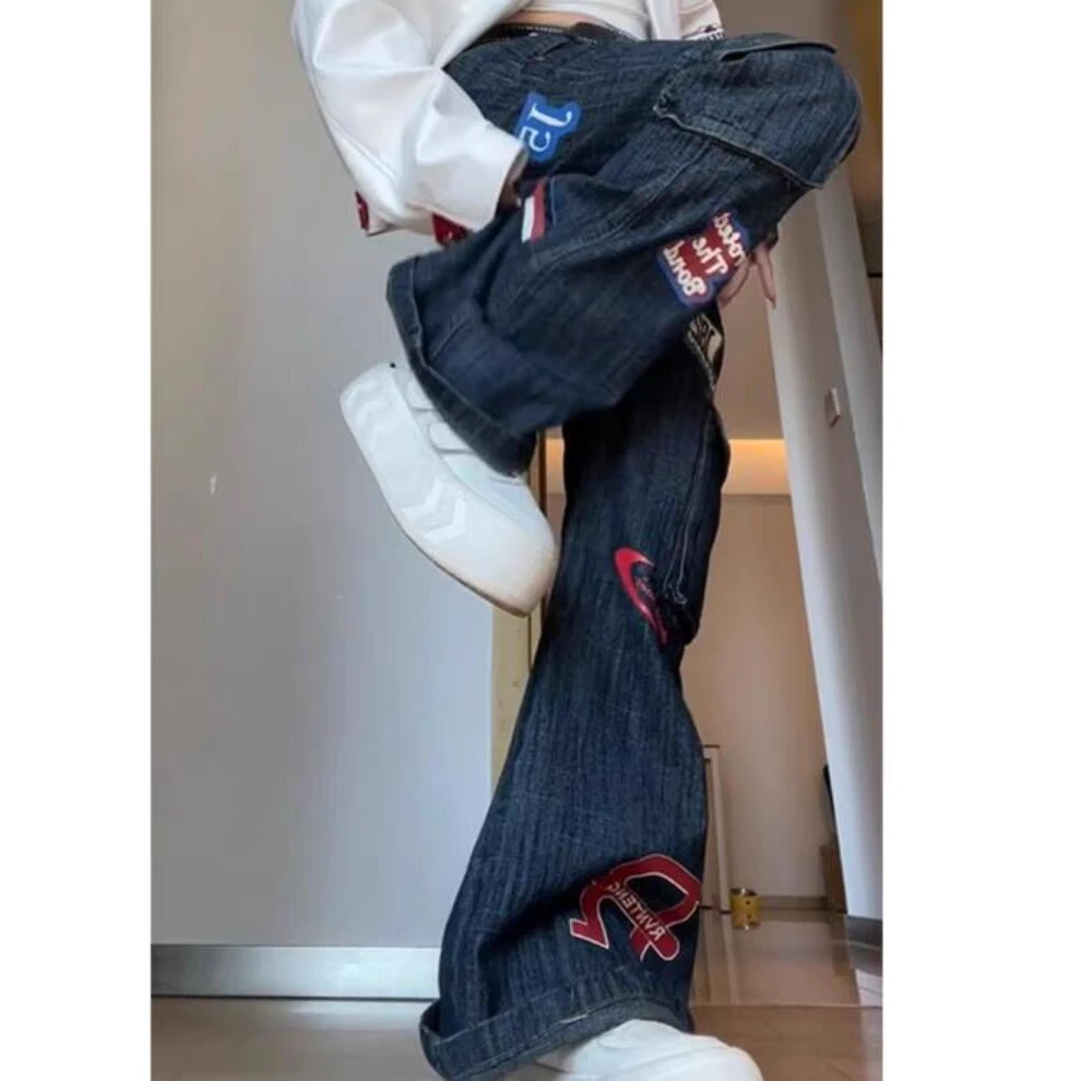 欧美复古印花微喇叭牛仔裤子女春秋新款设计高个子修身显瘦拖地裤