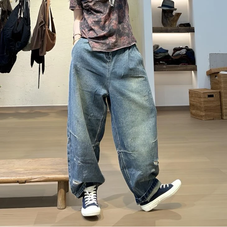 忆古朴拙旧蓝磨破工艺休闲裤252024宽松复古潮流百搭美式做旧