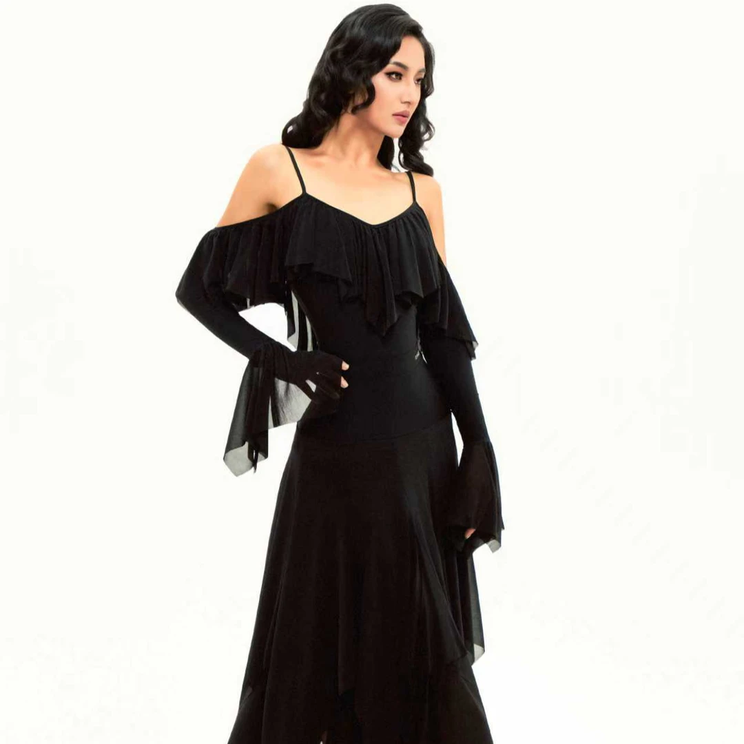 TDANCE摩登露肩黑色弹力修身纱质飘舞蹈服练习服