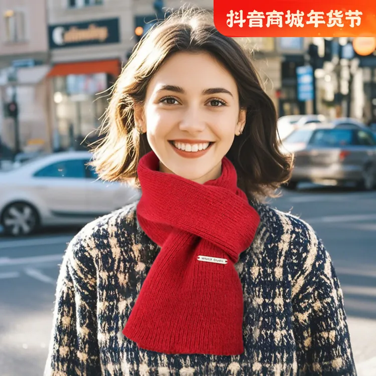 安可拉红色围巾女士新款毛线针织纯色波尔多潮韩系年会保暖新年