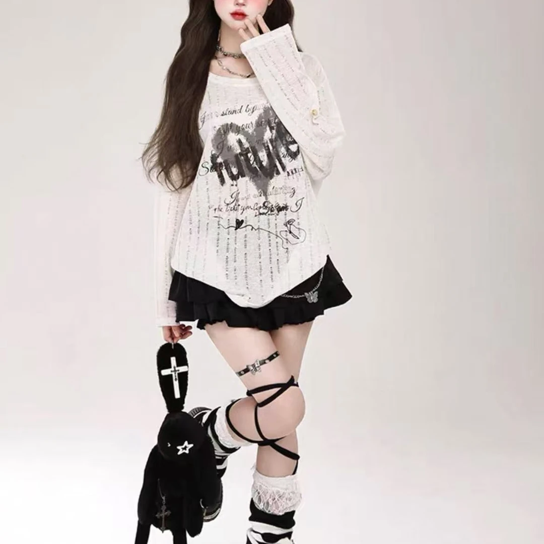 婷婷家辣妹印花女夏轻薄新款镂空慵懒风微透长袖t恤防晒上衣