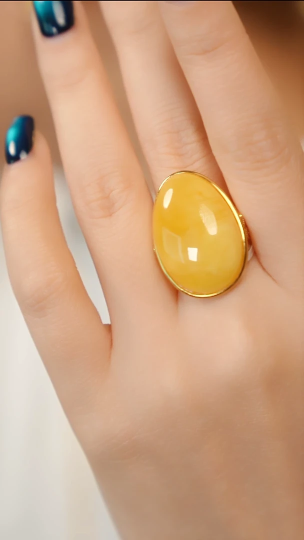 银S925镶嵌蜜蜡戒指如意纹