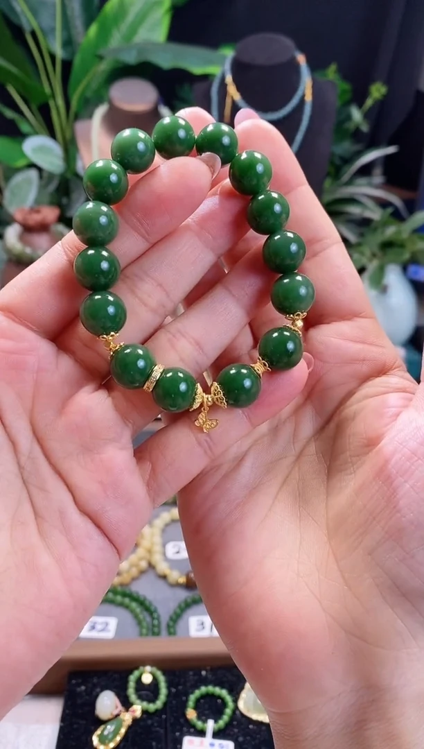 【闪购商品】和田玉手链未镶嵌精品12m菠菜绿碧玉手串