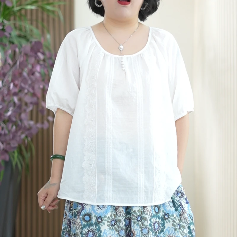 流光冰感纱T恤女大码蕾丝灯笼袖夏季小衫百搭休闲轻薄透气上衣