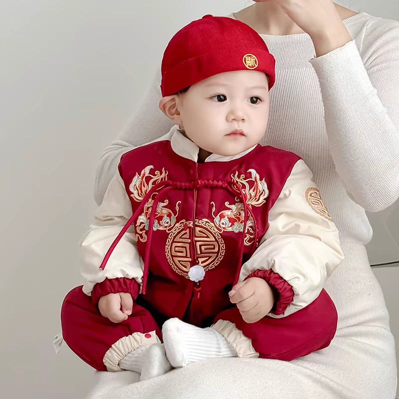 锦鲤刺绣男女同款婴幼儿服饰冬季宝宝加绒加厚连体衣外出拜年服