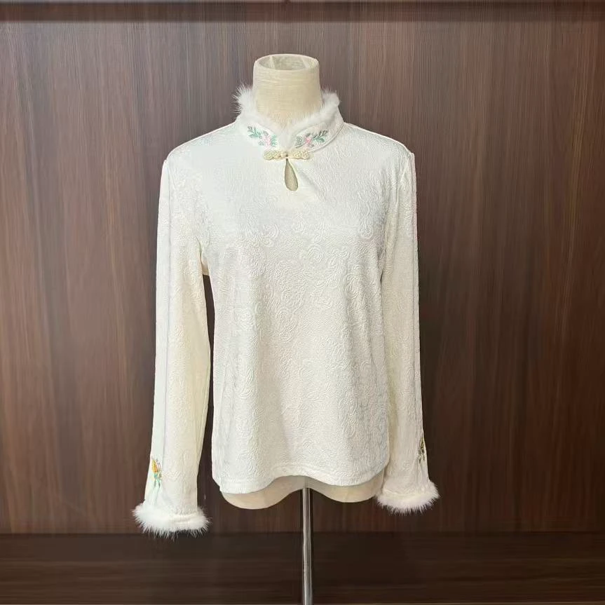 【蝶恋生花】冬季新款水貂毛上衣打底衫新中式刺绣内搭时尚百搭