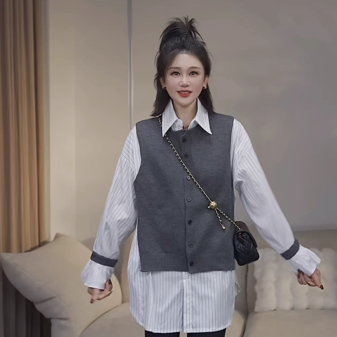 JW/静稳2024冬设计感小众宽松减龄时尚休闲减龄假两件衬衣8885370