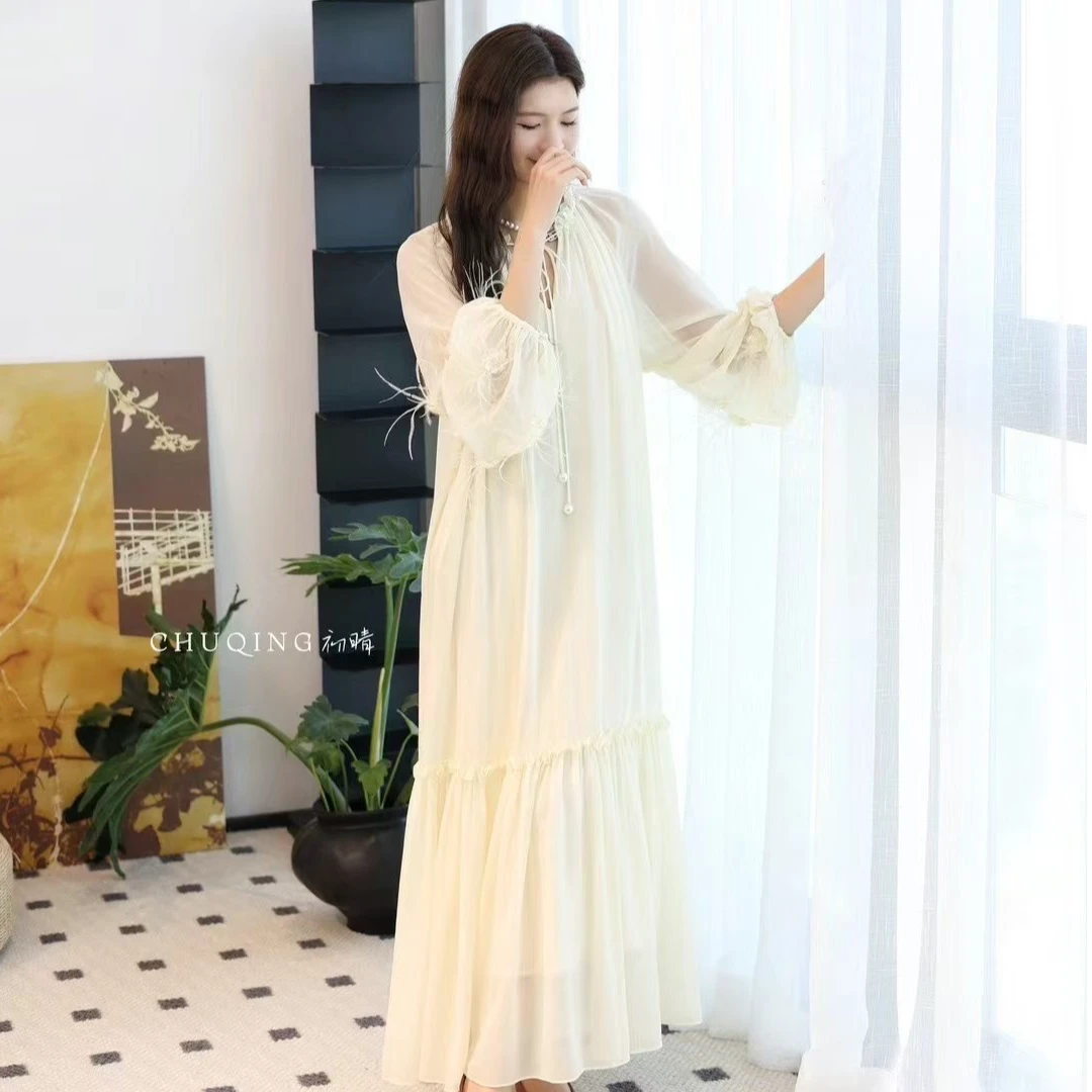 法式夏季新款重工复古连衣裙显瘦中长款宽松百搭温柔复古长裙